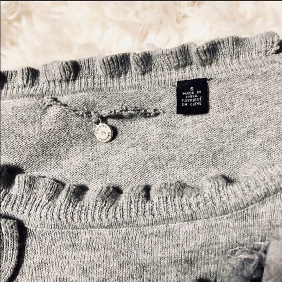 ANTHROPOLOGIE Knitted Knotted Ruffle Pom Fringe Stripe Grey Gray Sweater Top S - Picture 6 of 7